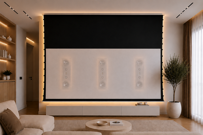 Звукопрозрачный встраиваемый в потолок экран с системой натяжения Global Screens Intelligent HomeScreen ICL1-110 137*244 Woven 4K