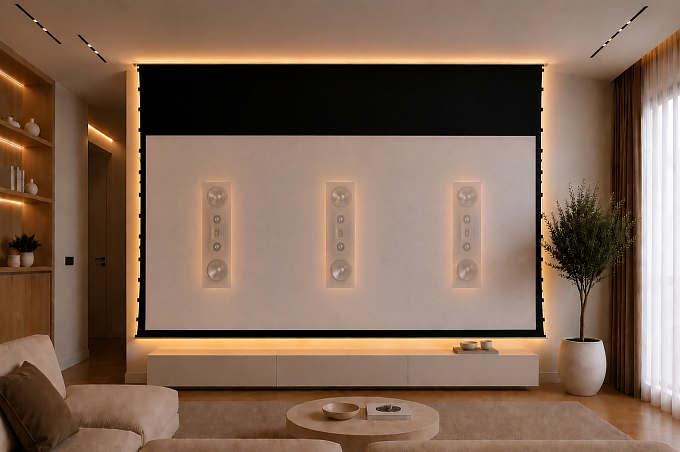 Звукопрозрачный встраиваемый в потолок экран с системой натяжения Global Screens Intelligent HomeScreen ICL1-120 149*266 Woven 4K