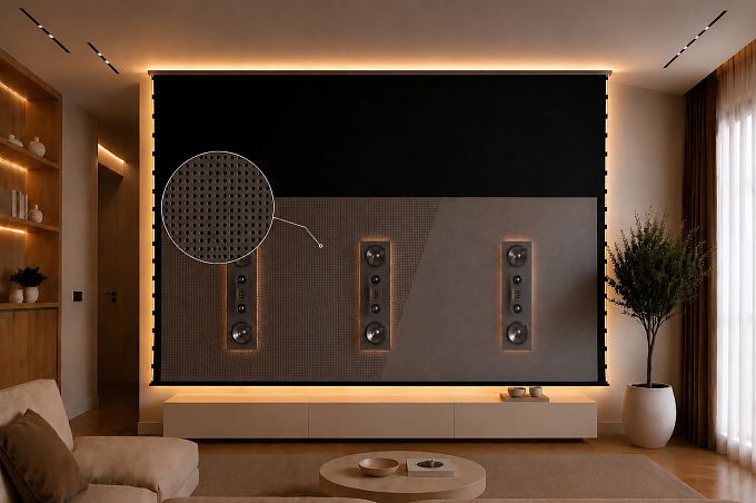 Звукопрозрачный встраиваемый ALR экран с системой натяжения Global Screens Intelligent HomeScreen ICL1-110 137*244 Black Code 4K PerfoSound