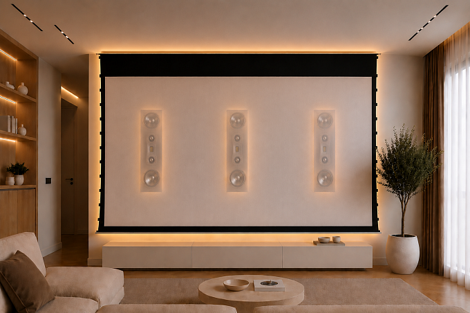Звукопрозрачный встраиваемый в потолок экран с системой натяжения Global Screens Intelligent HomeScreen ICL2-170 212*376 Woven 4K
