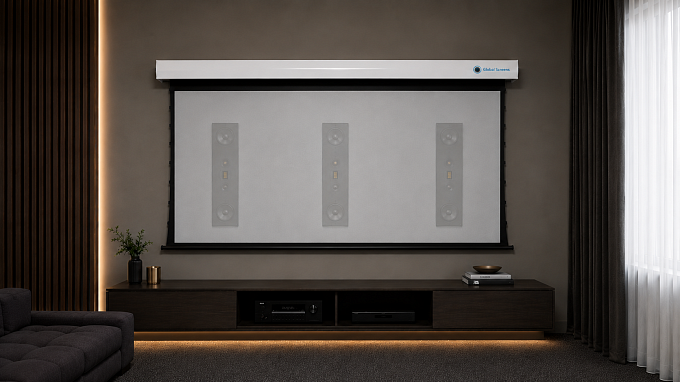 Звукопрозрачный моторизованный экран с системой натяжения Global Screens Intelligent HomeScreen EWC2-160 199*354 Woven 4K