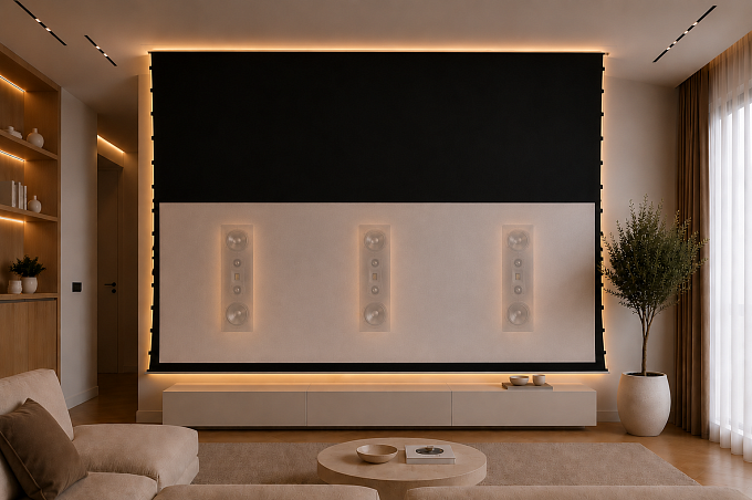 Звукопрозрачный встраиваемый в потолок экран с системой натяжения Global Screens Intelligent HomeScreen ICL1-92 115*204 Woven 4K