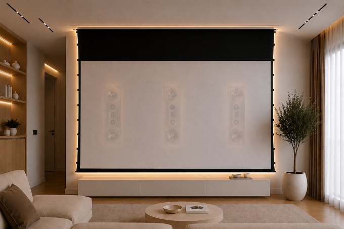Звукопрозрачный встраиваемый в потолок экран с системой натяжения Global Screens Intelligent HomeScreen ICL1-130 162*288 Woven 4K