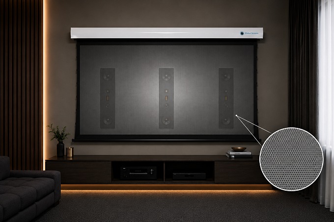 Звукопрозрачный ALR экран с системой натяжения Global Screens Intelligent HomeScreen EWC2-150 187*332 Black Code 4K PerfoSound