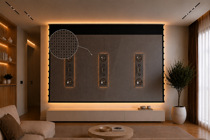 Звукопрозрачный встраиваемый ALR экран с системой натяжения Global Screens Intelligent HomeScreen ICL2-150 187*332 Black Code 4K PerfoSound