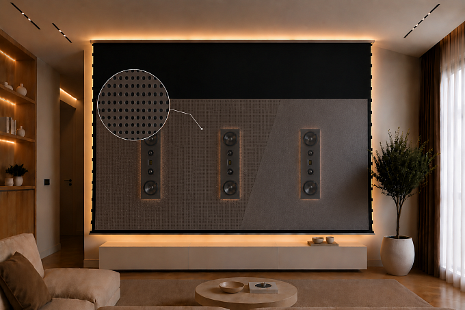 Звукопрозрачный встраиваемый ALR экран с системой натяжения Global Screens Intelligent HomeScreen ICL1-120 149*266 Black Code 4K PerfoSound