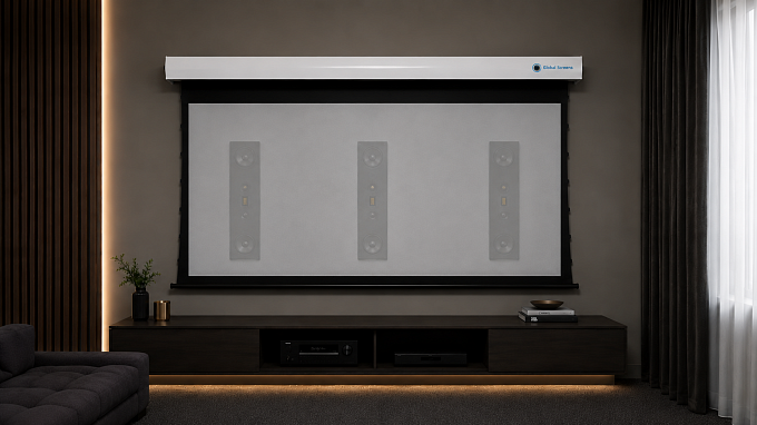 Звукопрозрачный моторизованный экран с системой натяжения Global Screens Intelligent HomeScreen EWC2-130 162*288 Woven 4K